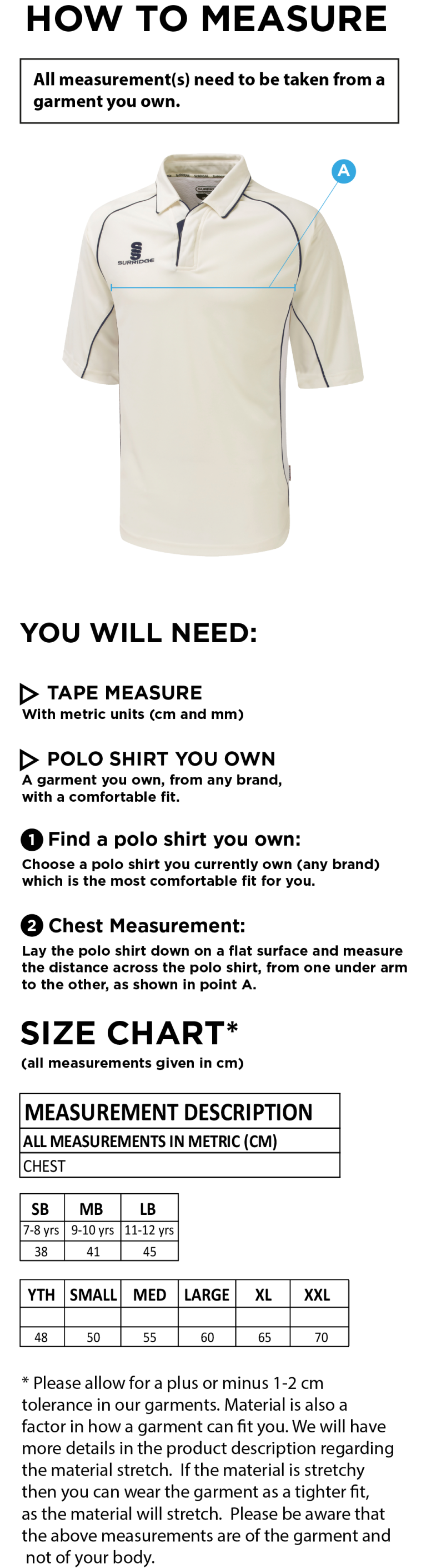 Durham College Society CC - 3/4 Sleeve Cricket Shirt - Size Guide