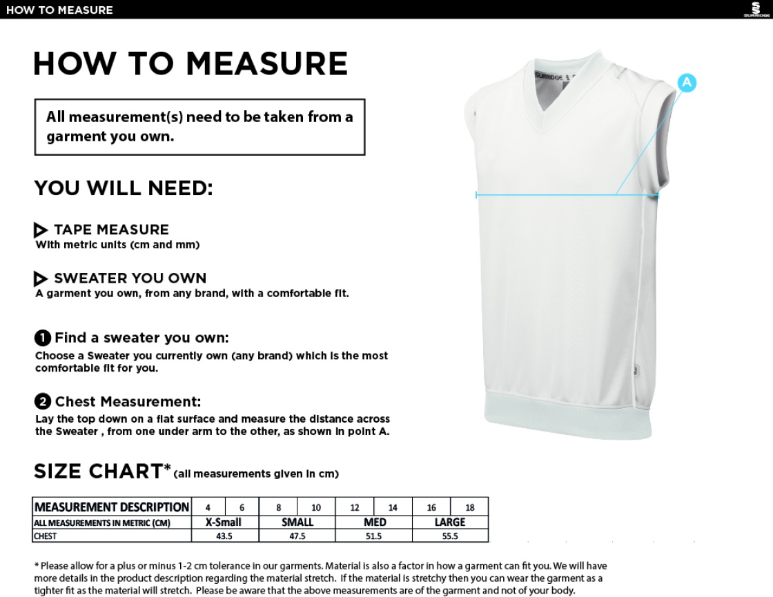 Durham College Society CC Blast Sleeveless Women's Cricket Sweater - Size Guide
