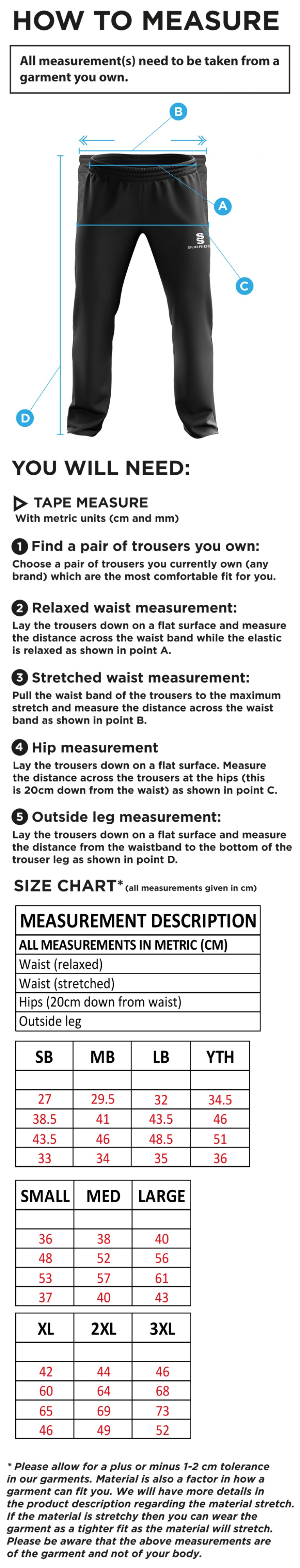 Durham College Society CC - Rip Stop Track Pant - Size Guide