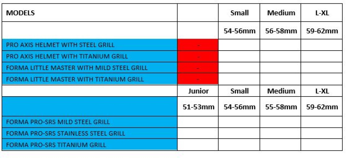 Durham College Society CC - Pro Axis- Titanium Grill - Size Guide