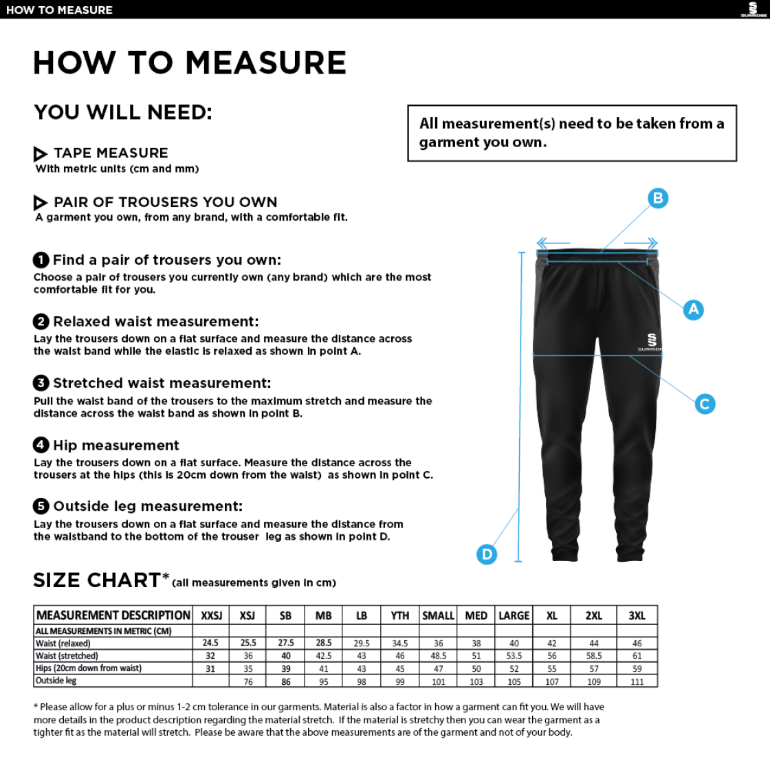 Durham College Society CC - Tek Slim Pants - Size Guide