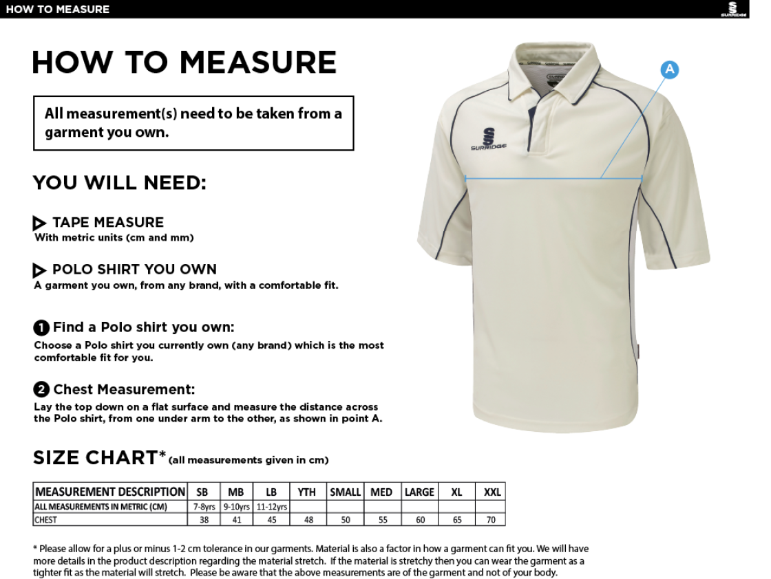 Durham College Society CC - 3/4 Sleeve Cricket Shirt - Size Guide
