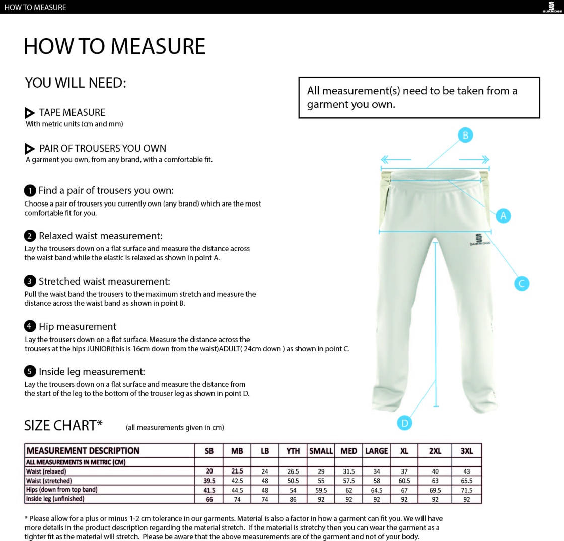 Durham College Society CC - Standard Playing Pant - Size Guide