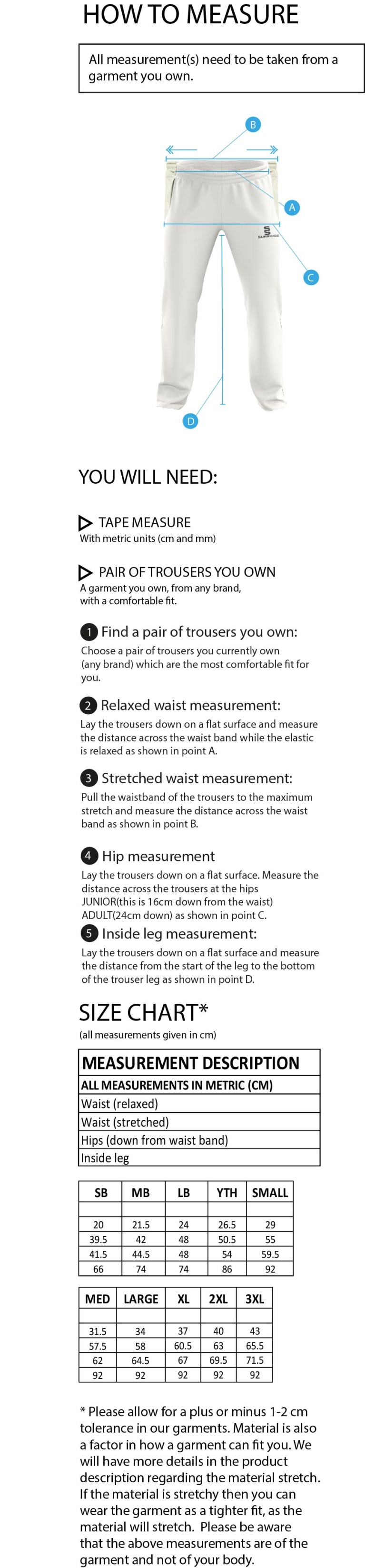 Durham College Society CC - Standard Playing Pant - Size Guide