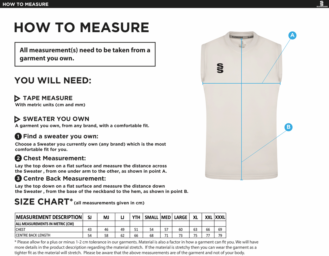 Durham College Society CC Blast Sleeveless Cricket Sweater - Size Guide