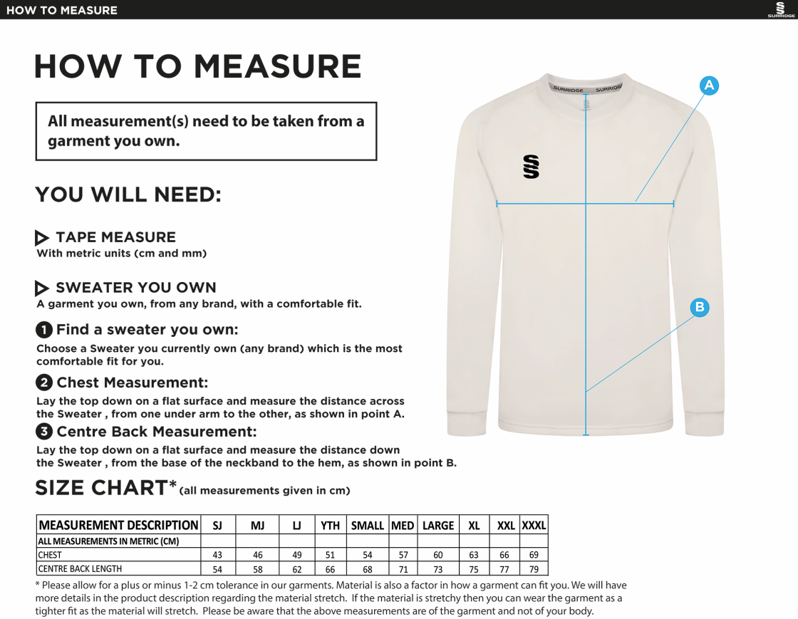 Durham College Society CC Blast Long Sleeve Cricket Sweater - Size Guide