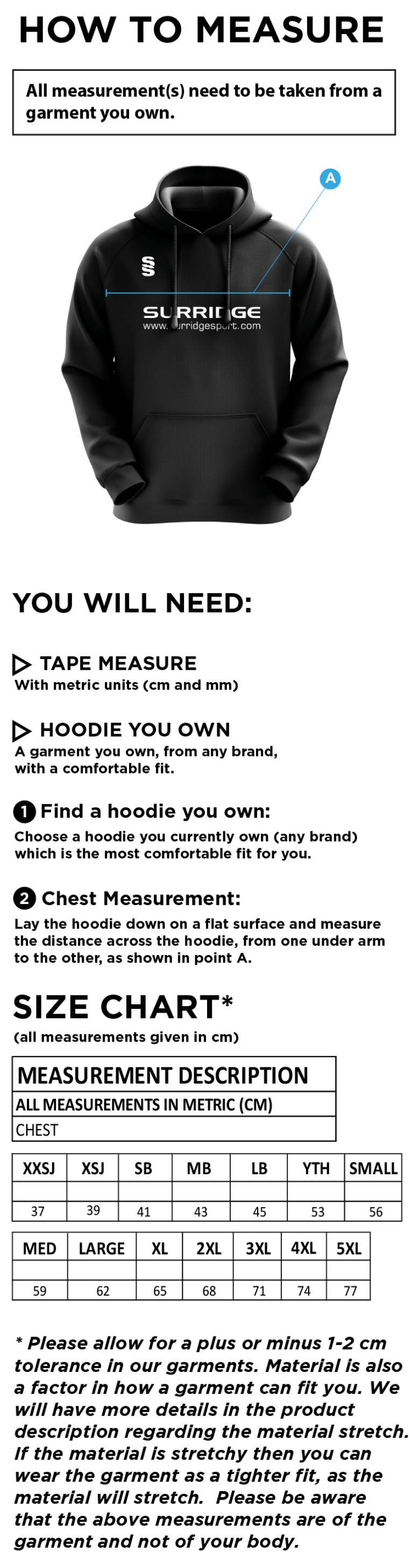 Durham College Society CC - Blade Hoody - Size Guide