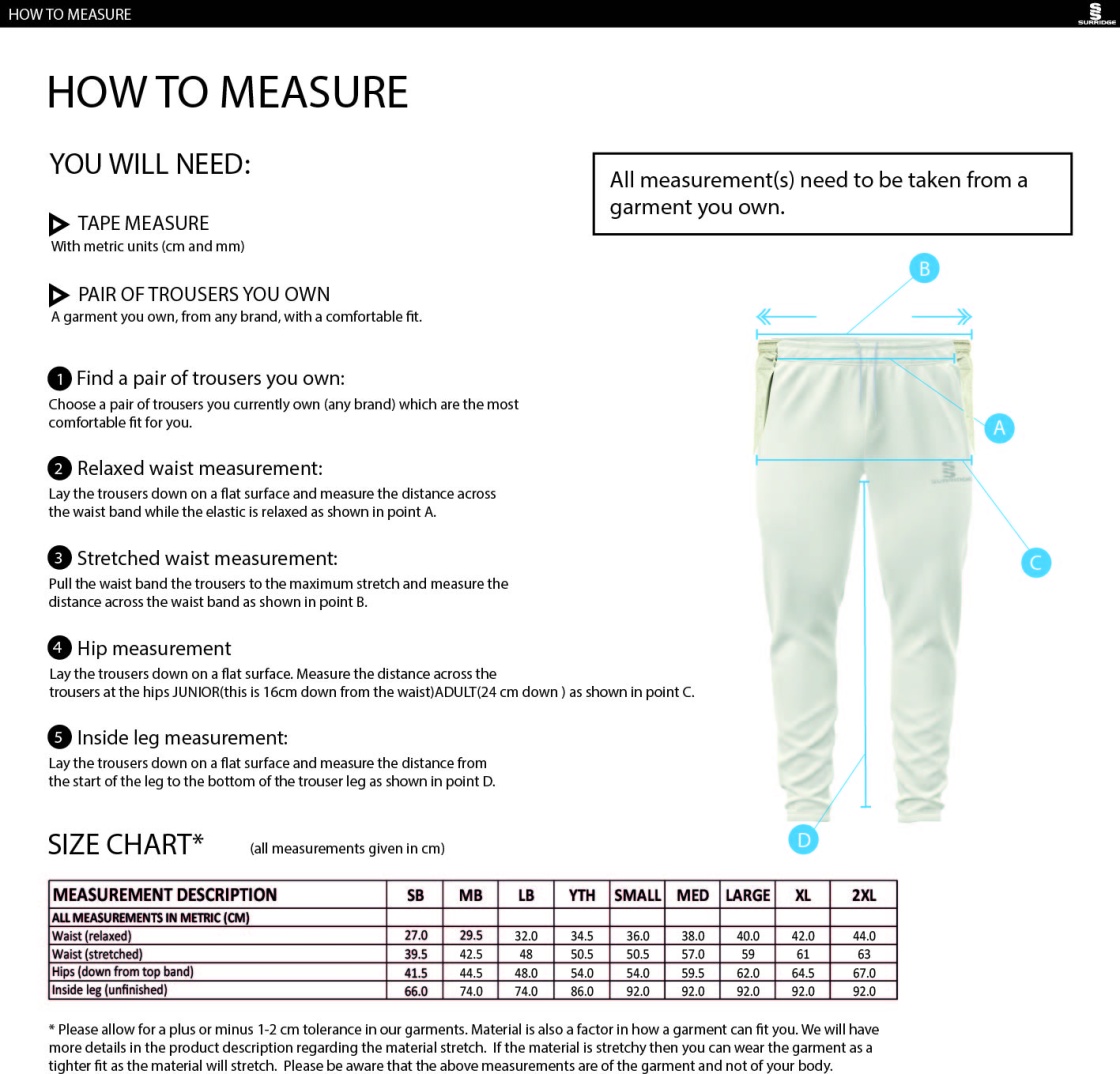 Durham College Society CC - Tek Playing Pant - Size Guide