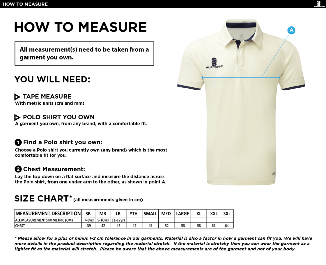 Durham College Society CC - Short Sleeve Cricket Shirt - Size Guide