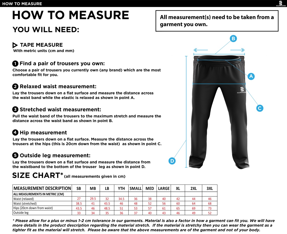 Durham College Society CC - Rip Stop Track Pant - Size Guide