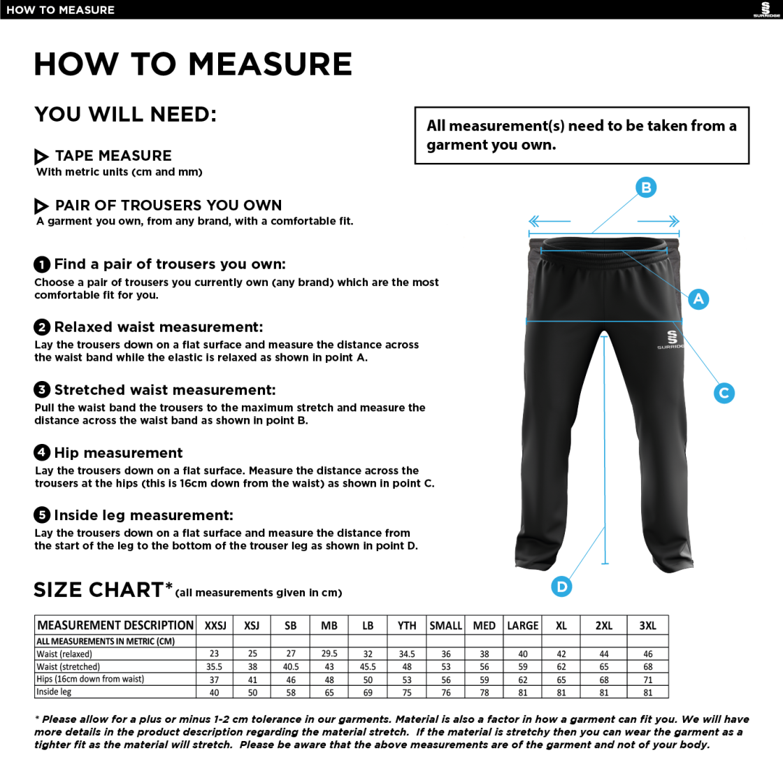 Durham College Society CC - Poplin Track Pant - Size Guide