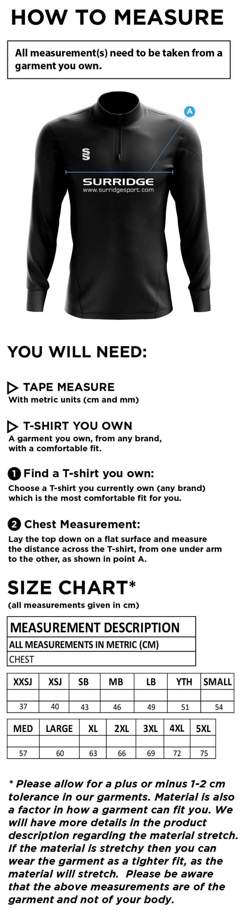 Durham College Society CC - Performance Top - Size Guide