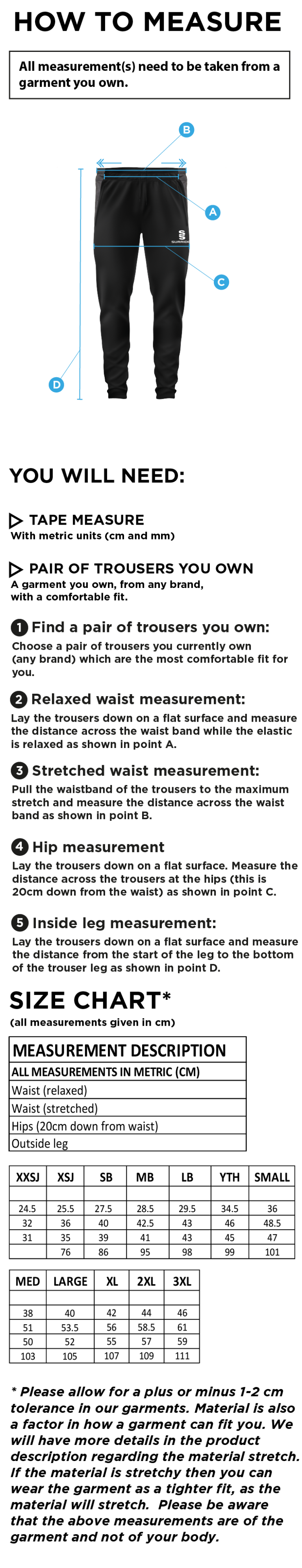 Durham College Society CC - Tek Slim Pants - Size Guide