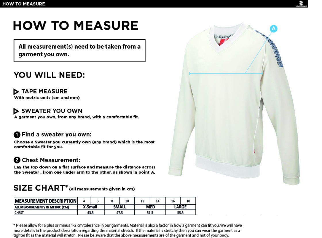 Durham College Society CC Blast Long Sleeve Women's Cricket Sweater - Size Guide
