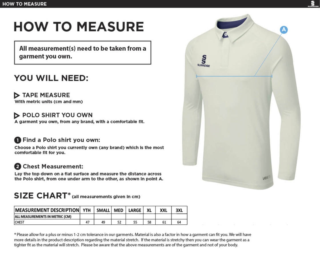 Durham College Society CC - Long Sleeve Cricket Shirt - Size Guide