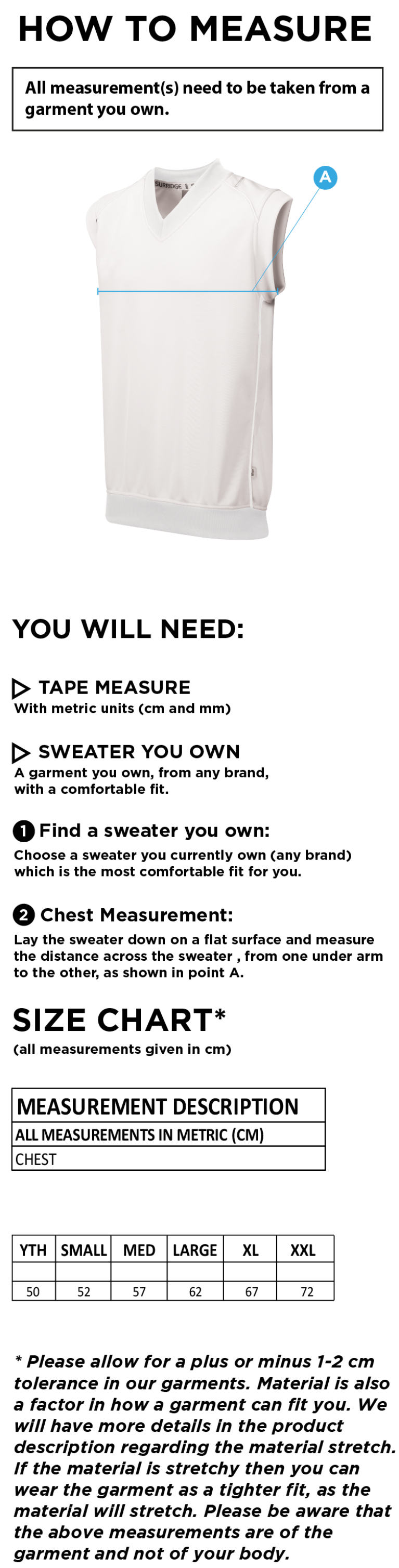 Durham College Society CC - Sleeveless Sweater - Size Guide