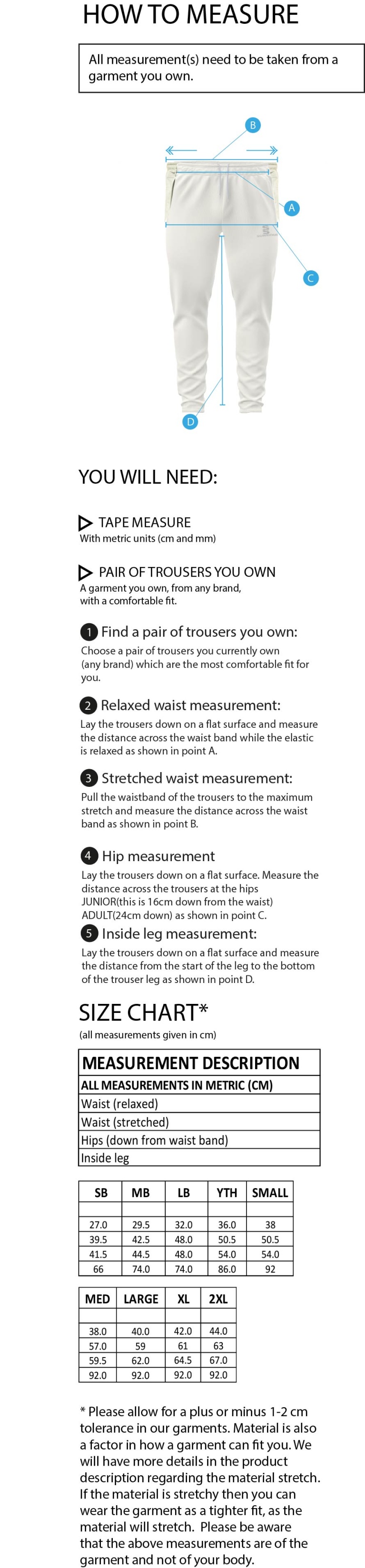 Durham College Society CC - Tek Playing Pant - Size Guide