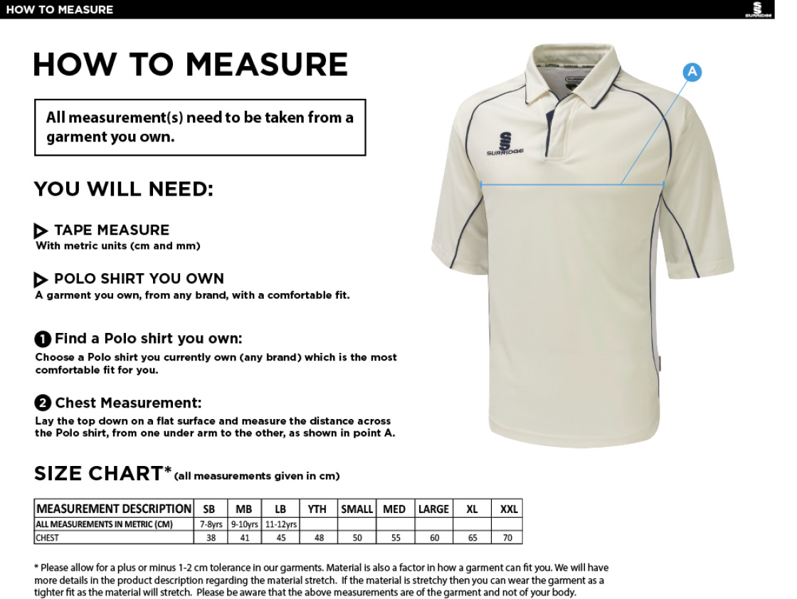 Durham College Society CC - 3/4 Sleeve Cricket Shirt - Size Guide