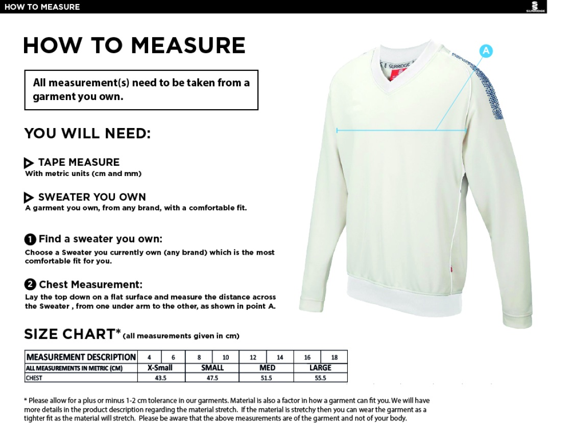 Durham College Society CC Blast Long Sleeve Women's Cricket Sweater - Size Guide