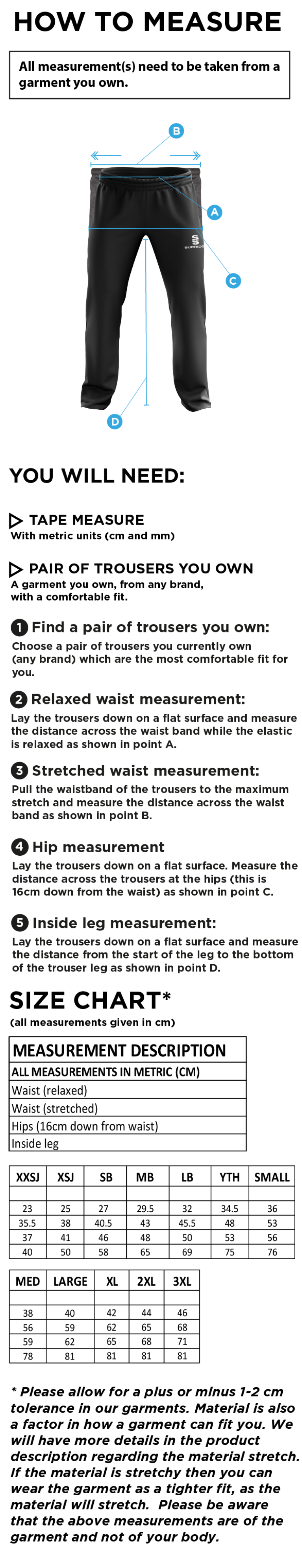 Durham College Society CC - Poplin Track Pant - Size Guide